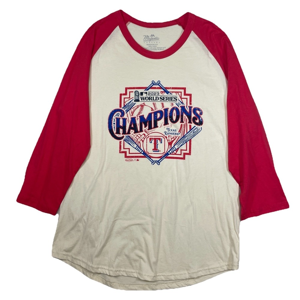 Texas Rangers 2023 World Series Champs Shirt Tee XL Majestic Threads 3/4 Sleeve